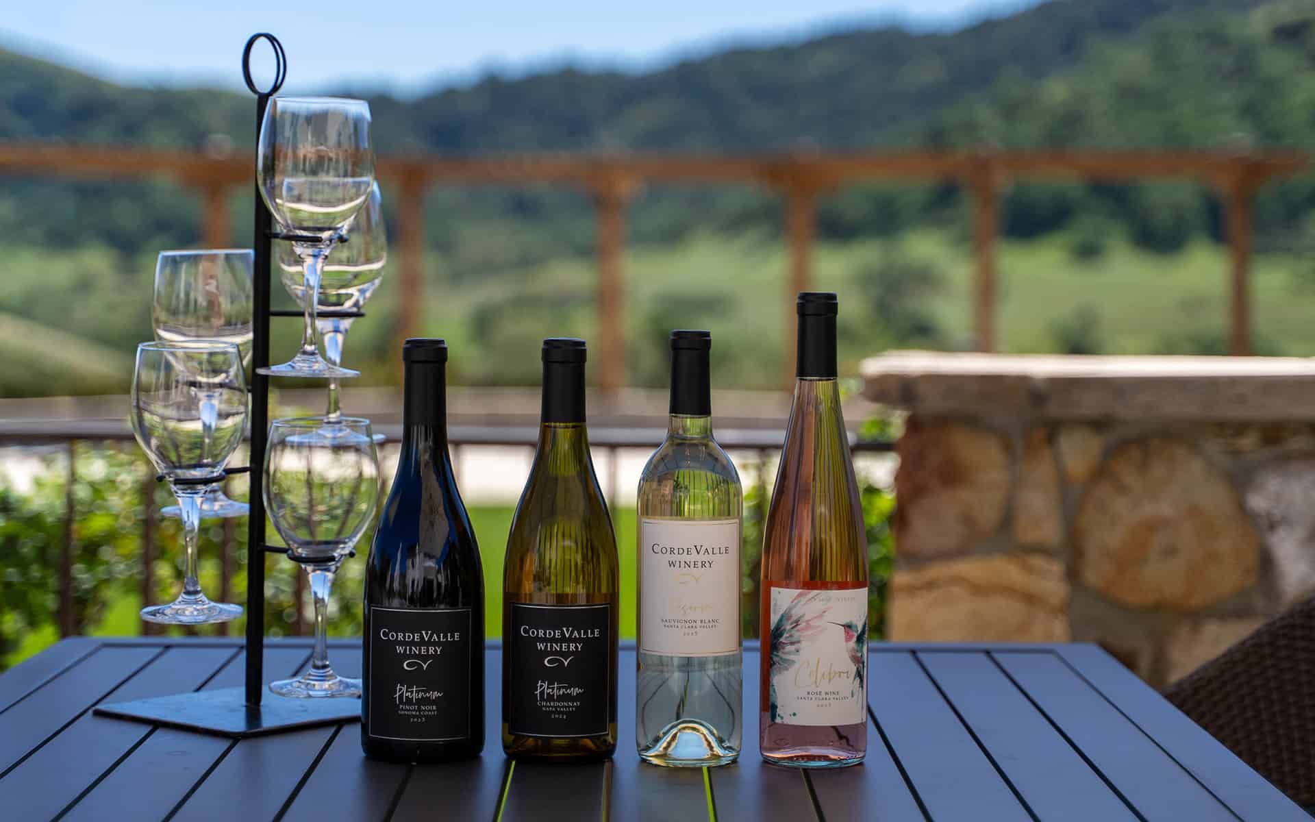 wine bottles overlooking vineyard